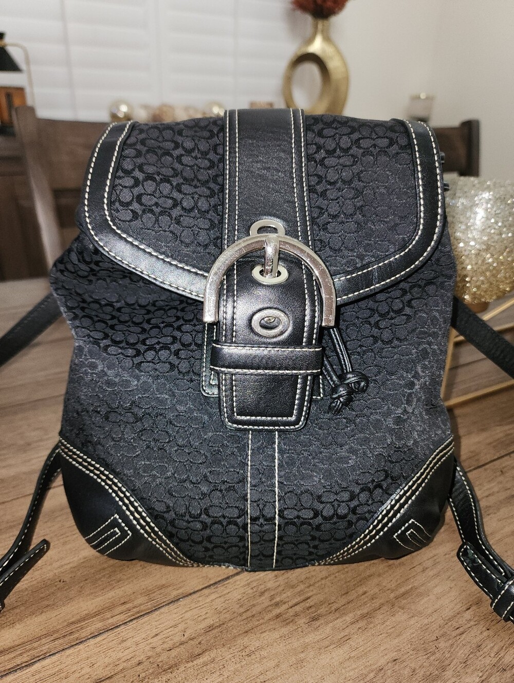 Black Vintage Coach Signature Canvas Backpack with Leather Trim